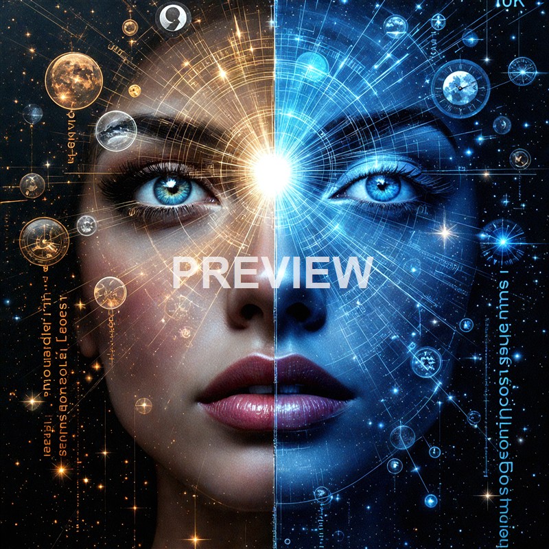 A human face split into two halves, with the left side in warm tones and the right side in cool tones, overlaid with intricate digital and cosmic patterns.